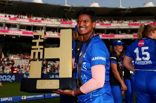 Deepti Sharma celebrating her MVP award in 2024.
