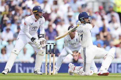 Akash Deep batting aggressively during the Test match at The Oval.